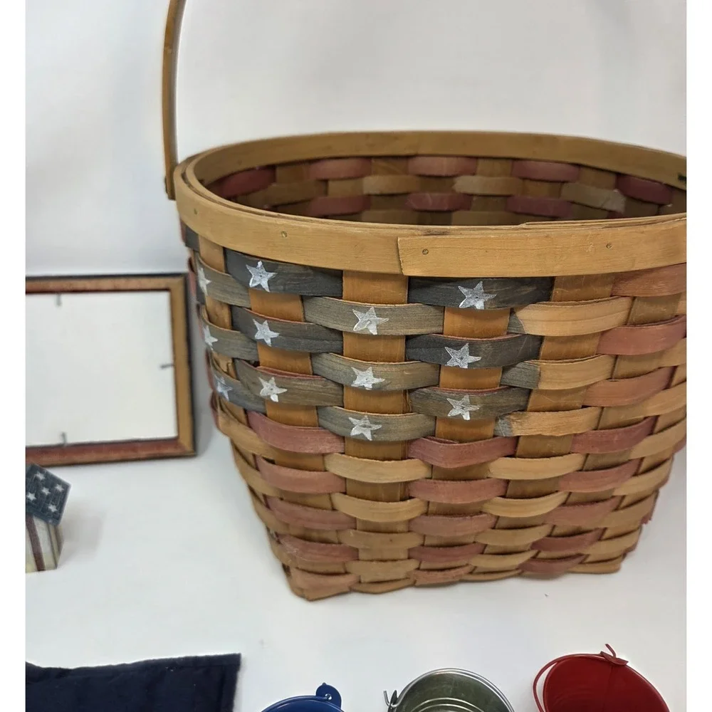 Primitive Americana Patriotic Decor Lot 7pc Basket Sign Birdhouse Star Pails